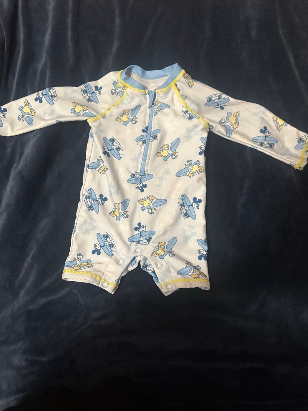 Disney Kids White Blue Yellow Surfing Mickey Rashguard Swim Suit